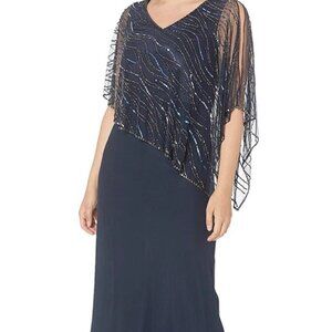 J KARA Evening Gown, Sz 16, Navy Blue, Capelet,, Sequins Pre-owned- worn once